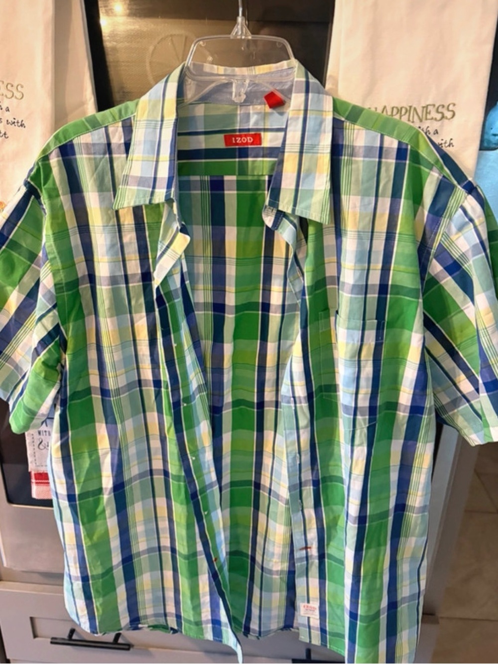 Izod Men’s Green and Blue Plaid Short-Sleeve Button-Down Shirt